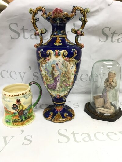 A continental cobalt blue vase with floral decoration and featuring a hand painted scene of a classical style woman  , a Crown Devon Fieldings musical ceramic mug and figure under a glass dome. 12 to 37cm tall.- NO RESERVE