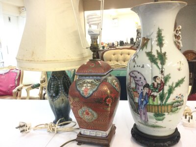 A Doulton lamp Chinese porcelain vase and two modern oriental ceramic lamps- NO RESERVE