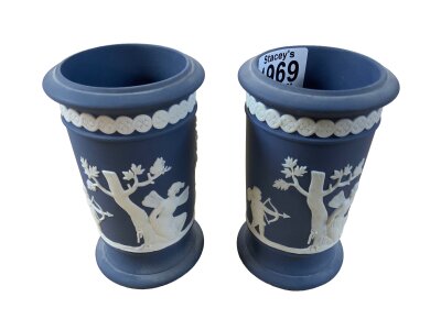 A pair of Blue Jasper ware pots vases. Classical imagery. 13cm.- NO RESERVE