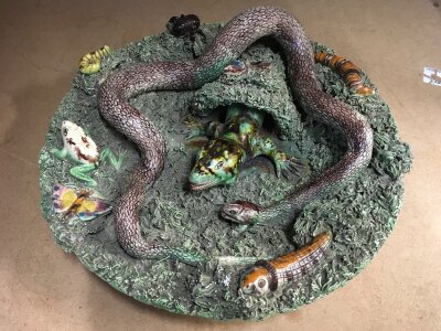 A palissy ware reptile dish decorated with lizard and snakes etc