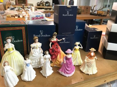 Boxed royal Doulton figures including Thinking of you, Angela, Belle