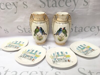 A pair of vases A Present from Southend pearlescent bird design and a set of four Midwinter Stylecraft plates