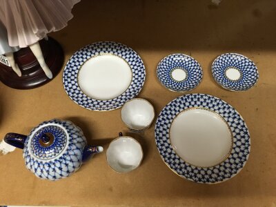Lomonosov Imperial Russian St Petersburg Cobalt Net Porcelain tea set including 2 cups, 2 saucers, 2 plates and tea pot