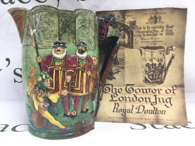 The Tower of London Royal Doulton ceramic jug limited edition no 155 of 500.  With Certificate. No obvious damage or restoration, Some crazing
