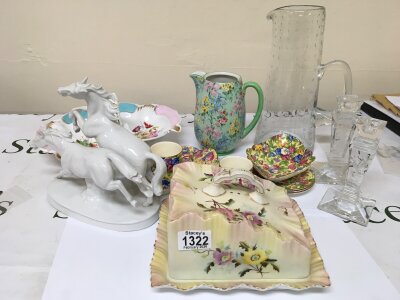 A Collection of Ceramics and glass including a large Whitefriars glass jug Chintz ceramics Stuart glass candle sticks Victorian ceramic butter dish horse ornament and a dish.