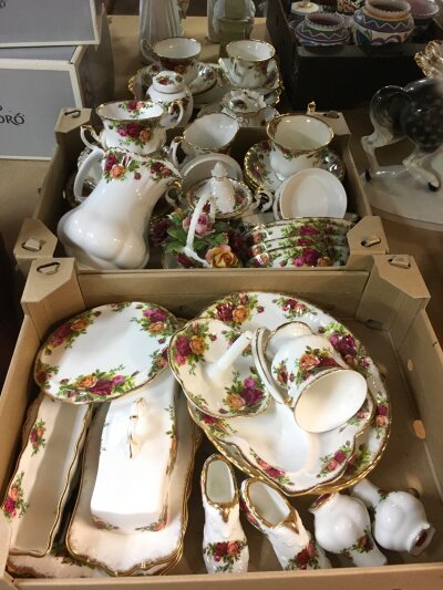 Two boxes of Royal Albert ceramics in Old Country Roses pattern.