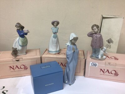 A Collection of eight NAO porcelain figures in boxes no obvious damage and a Wedgwood porcelain vase in a box. (8)