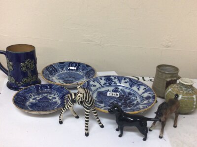 Three 18th century delft blue and white plates Beswick pony’s and other ceramics. (damage)