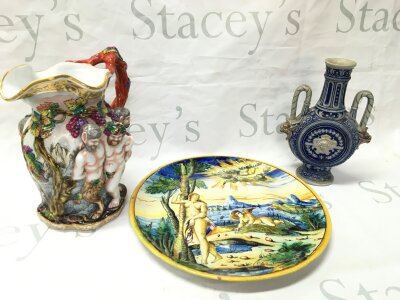 European Ceramics - Maiolica classical scene dish, Capodimonte style figure jug (22cm tall), German stoneware ewer