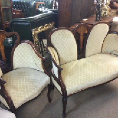 An Edwardian inlaid chair 94cm tall 58cm wide 54cm deep with matching two seater, dimensions 120cm wide 94cm tall 55cm deep- NO RESERVE