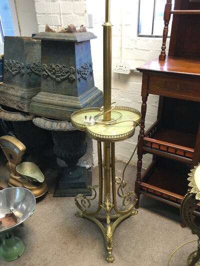 A brass and onyx telescopic oil lamp, 185cm tall