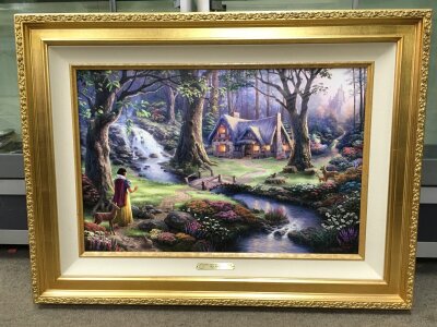 Snow White Discovers The Cottage ,Thomas Kinkade (American, 1958-2012) Disney Dreams collection limited edition print. Number 15/200. With certificate of authenticity. Frame dimensions 90x70cm