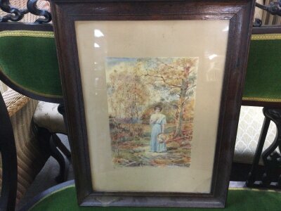 A late 19th/ early 20th century framed water colour, lady in woodland . Frame Dimensions 43x57cm