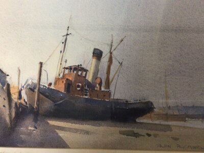 Three framed watercolour views of Thames Barges and the Thames Tug boat The Brent and one other all signed by Alan Runagall a member of the Wapping Group. (3)