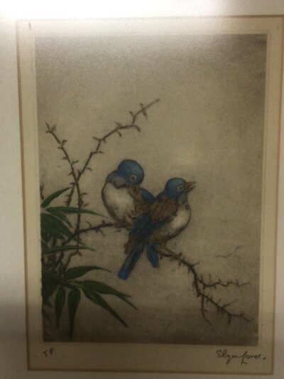 A collection of three pictures signed limited edition print Bilberry picking by Marianne Unwin 1978 38/40 a framed engraving Wind in the Willows by Leonard Russell Squirrel and one other study of birds indistinctly signed in pencil. (3)