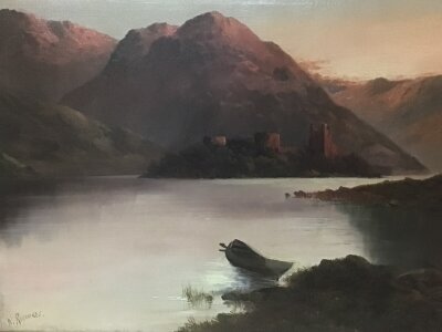 A Pair of large oil paintings. Scottish Views By W Richards. A View of Kilchurn Castle Loch Awe. and a View of Rocking Stone Dunkeld one picture with small area of damage. 98cm wide 68cm high (2)