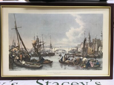 Five framed prints of London during the 1800s, approx 54cm x 36cm.