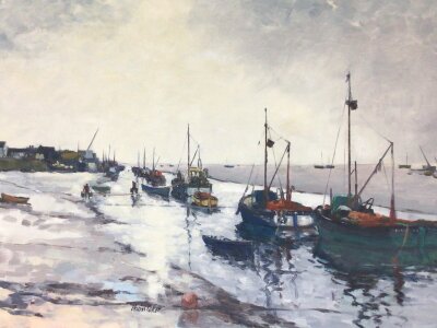 A mid 20th Century modern British oil painting on board a view of Old Leigh Cockle boats moored on low tide by Marion Coker 84x58cm