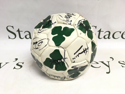 A multi signed football, possibly Liverpool players from the 2000/01 season.