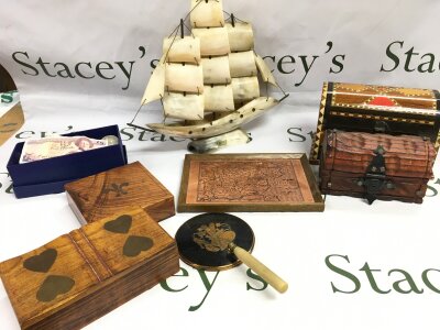 Wooden jewellery Boxes , a small framed brass map of Essex, hand mirror, Dykehead Horncraft Scottish ship , collection of world currency coins and notes. Vintage SOS talisman bracelet No reserve
