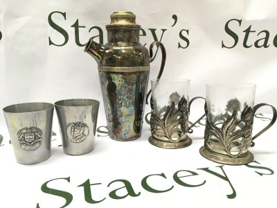 A Cocktail shaker, white metal beakers and two cutlery sets, Sheffield cutlery and Turner Charter House chrome 7 piece fruit set- NO RESERVE