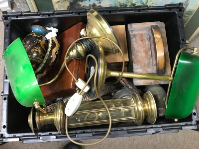 A mixed lot of items including a eastern dagger, cloisonné vases, dish, lamps, silver plated ware, mantel clock etc