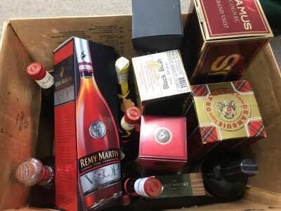 A box of spirits including Black Bush Whiskey, Drambuie, Camus cognac vsop, Jack Daniel's single barrel etc