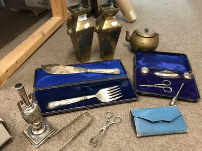 A collection of items including a silver Hallmarked set scissors, small jars etc , brass/bronze pair of vases. No reserve