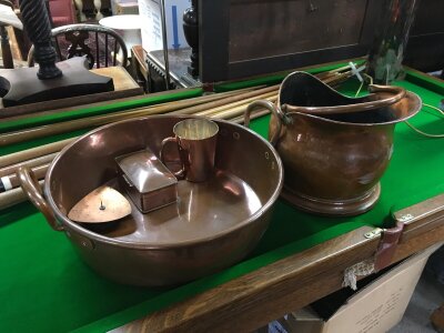 A small collection of copper including large preserve pan