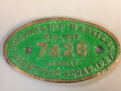 A London and north eastern railway brass loco builders plate no 7426. 23cm wide 13cm tall