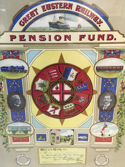 An original great eastern railway pension fund framed certificate. Dimensions 53x70cm