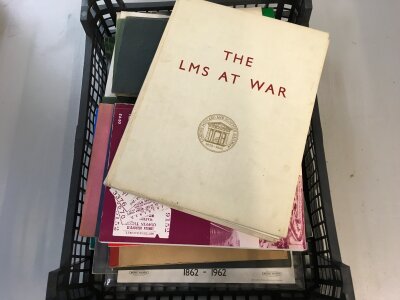 A plastic tray of railway books, etc