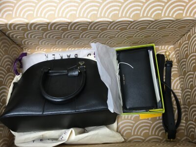 A modern Ted Baker Kaitiee dome tote bag in black bovine leather and matching boxed purse stored in a large Ted Baker box, with original packaging and spare strap- NO RESERVE