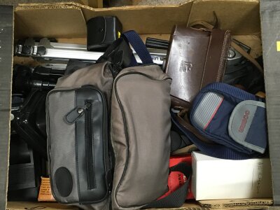 A box of camera equipment including Velbron Tripod, Vivitar Monopod, Yashica Minister III in case, Kodak Retinette Type 1A, etc