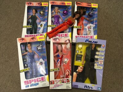 Five boxed Galoob Spice Girls on Stage dolls, together with one unboxed Spice Girl doll and a boxed Five Abs doll