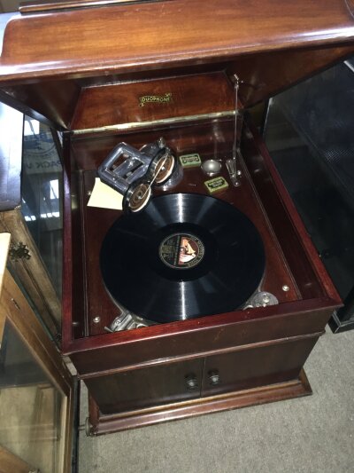 A mahogany gramophone, Duophone. 44cm wide 50cm long