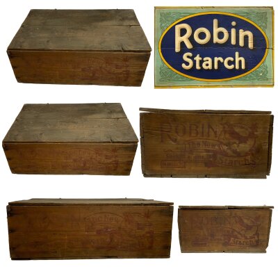 A Vintage Robin Starch storage box the slide panels have company advertising sections.