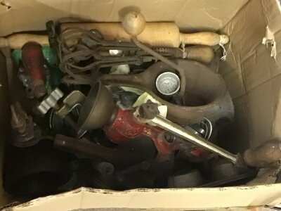 A box containing Vintage Kitchen equipment a Mincer