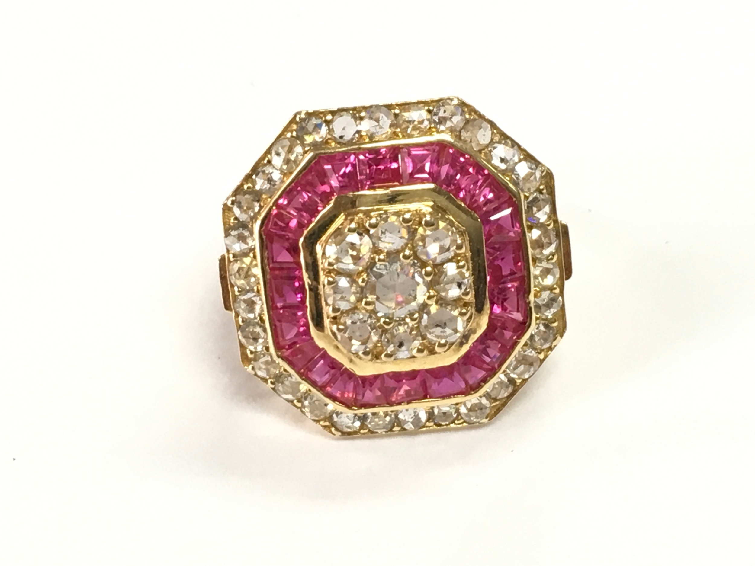 Large art deco style 14ct gold ruby and rose cut diamond cluster ring. Rubies 1.92ct and diamonds 1.59ct. Size O