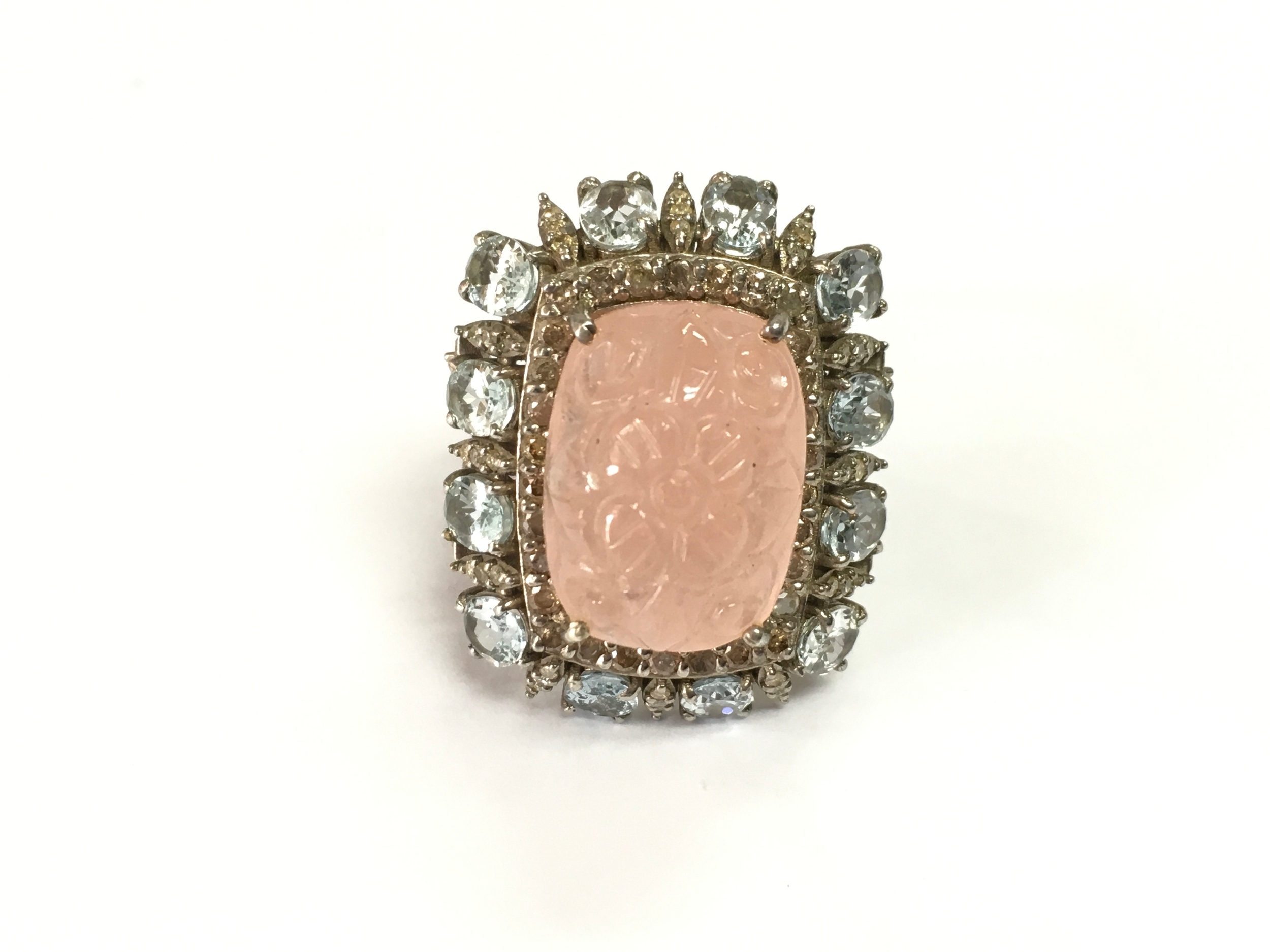 Large silver dress ring set with a central carved morganite with beryl and diamonds. Size P 1/2