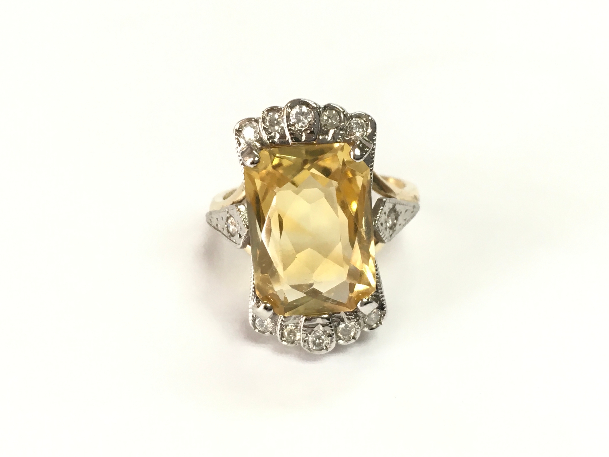 9ct yellow and white gold citrine and diamond dress ring. Citrine 11.50ct and diamonds 0.24ct. Size N