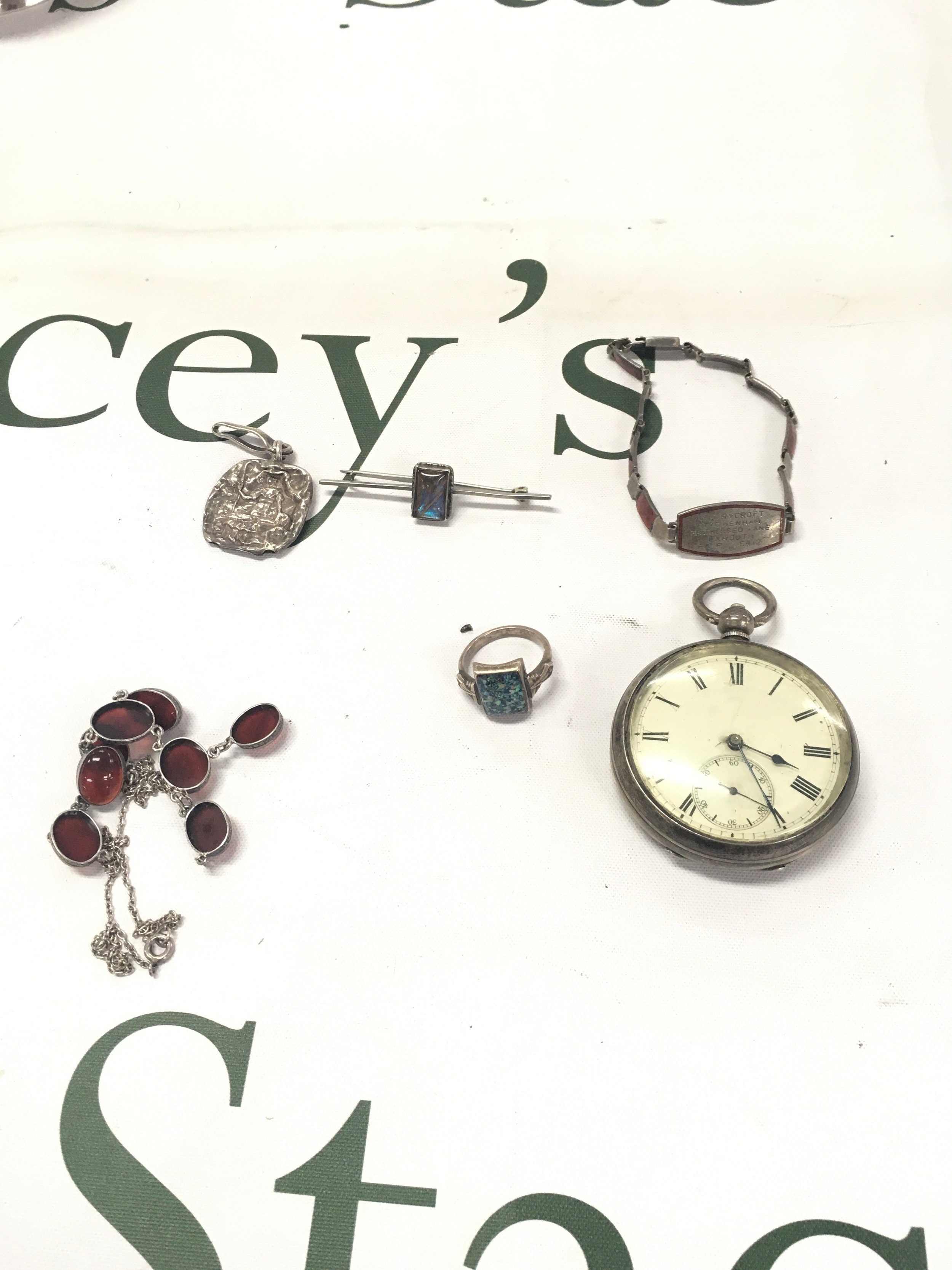Circa 1880 Pocket watch And silver items to include stone set necklace with zodiac signs.