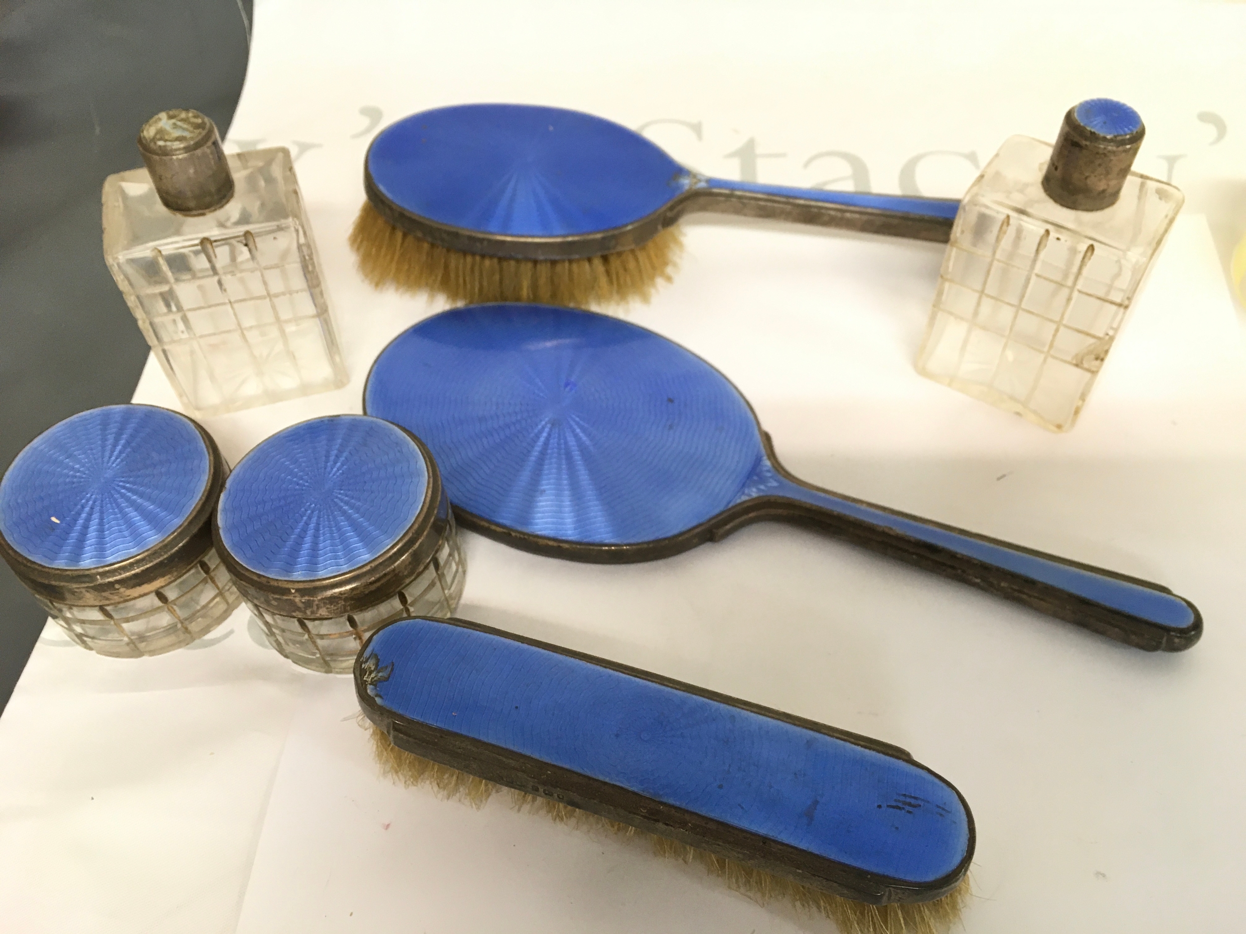 Silver and enamel dressing table set 