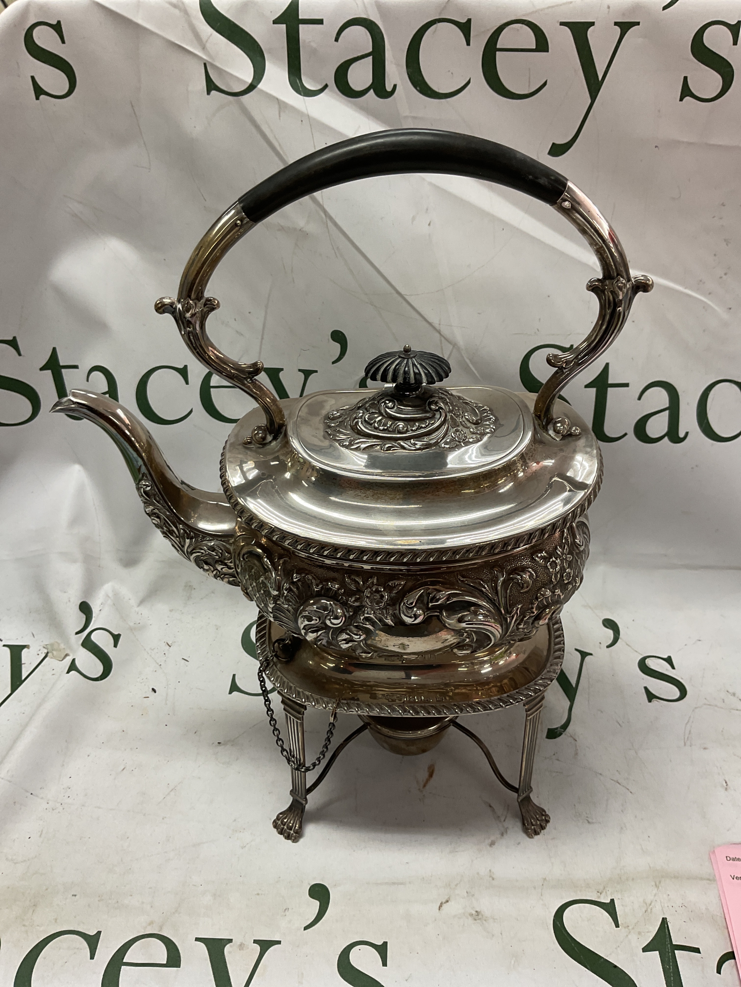 HM silver spirit kettle Birmingham 1911 by Joseph Gloster Ltd, all matching hallmarks to kettle, stand and burner, weight 1040 grams. Minor dents to the burner to the base.