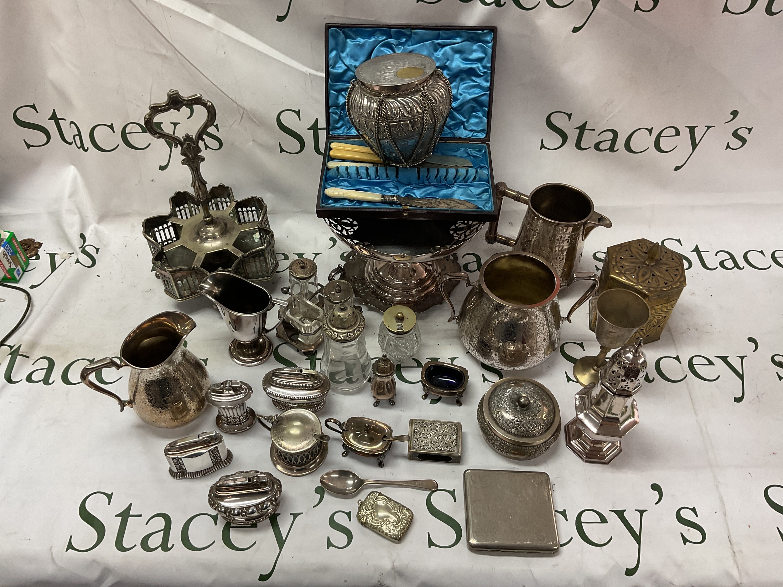 Qty of Silver plate And EPNS items from Victorian onwards.to inc table lighters, cruets , tazza, creamers, sifter etc.