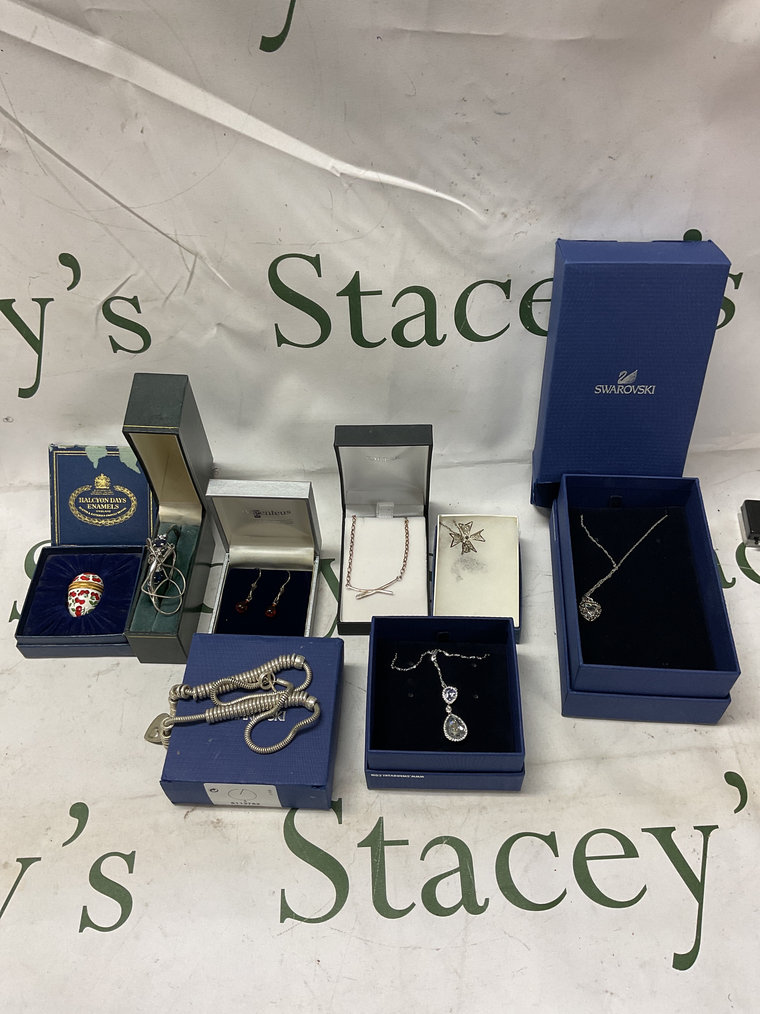 Qty boxed Swarovski necklaces and silver jewellery and Halcyon days egg.