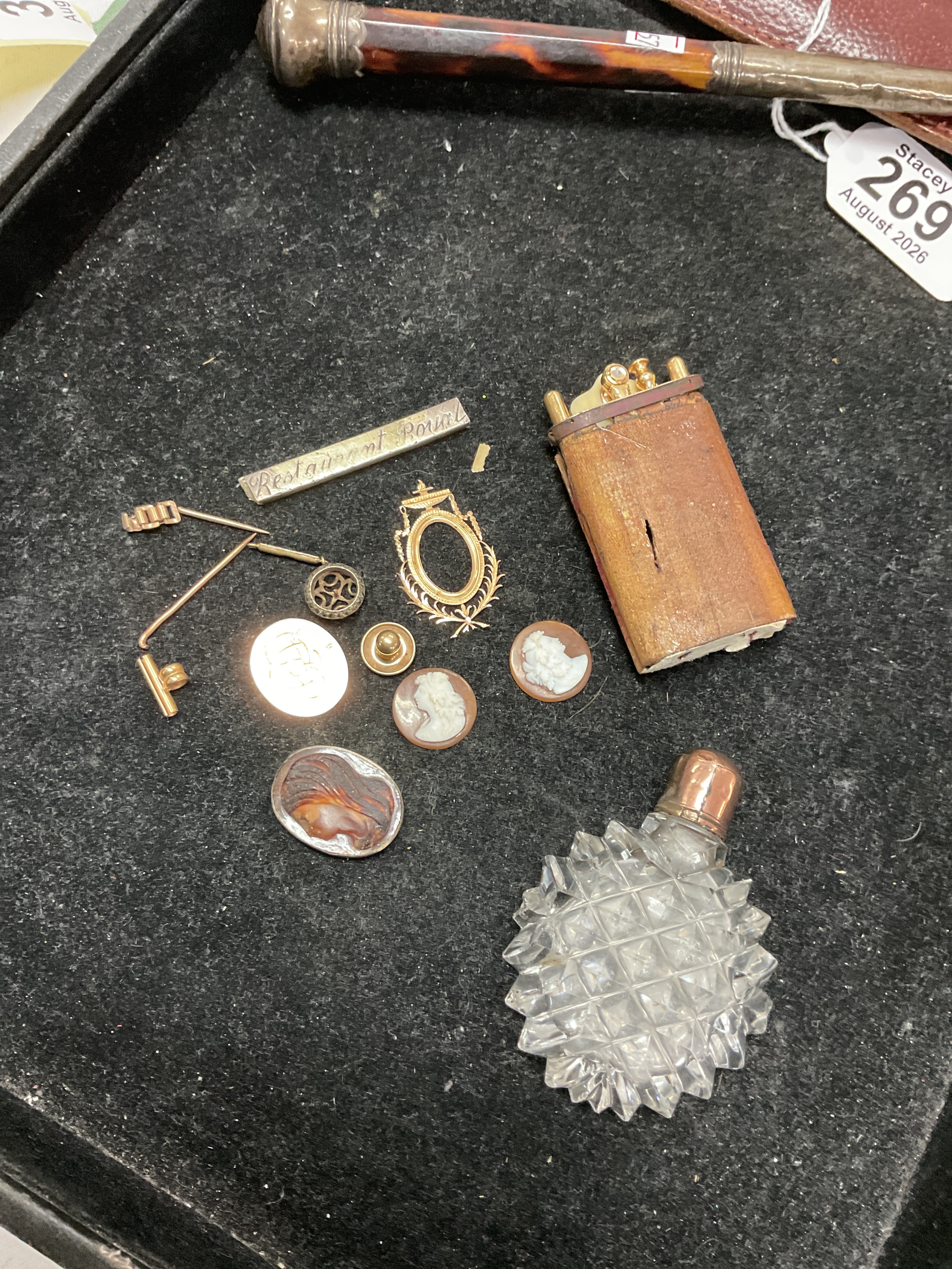 Qty jewellery gold pieces and cameos, along with a draughtmans Etui and crystal perfume bottle.