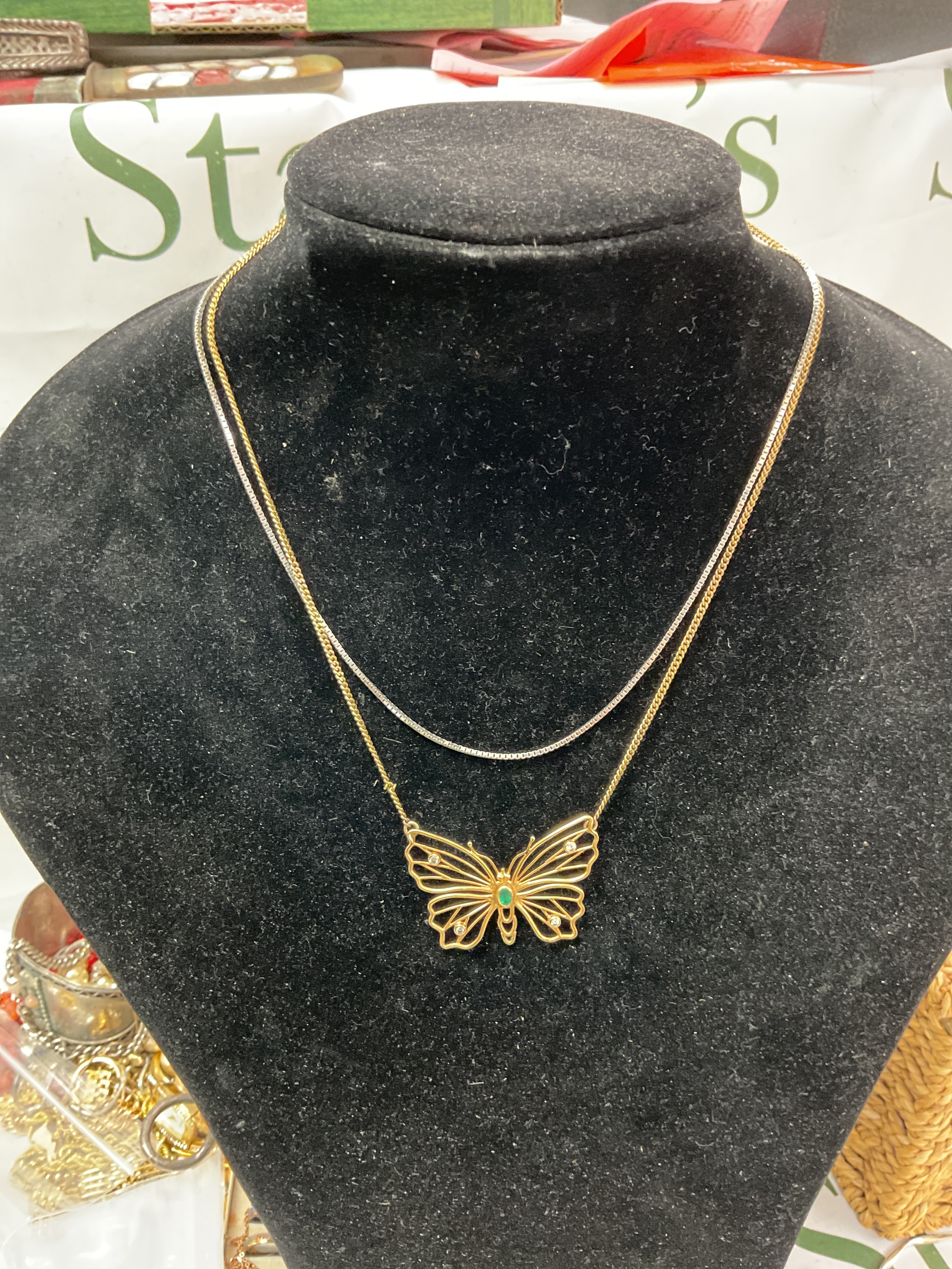 9ct gold butterfly necklace set with diamonds and emeralds along with 9ct white gold box link necklace set.