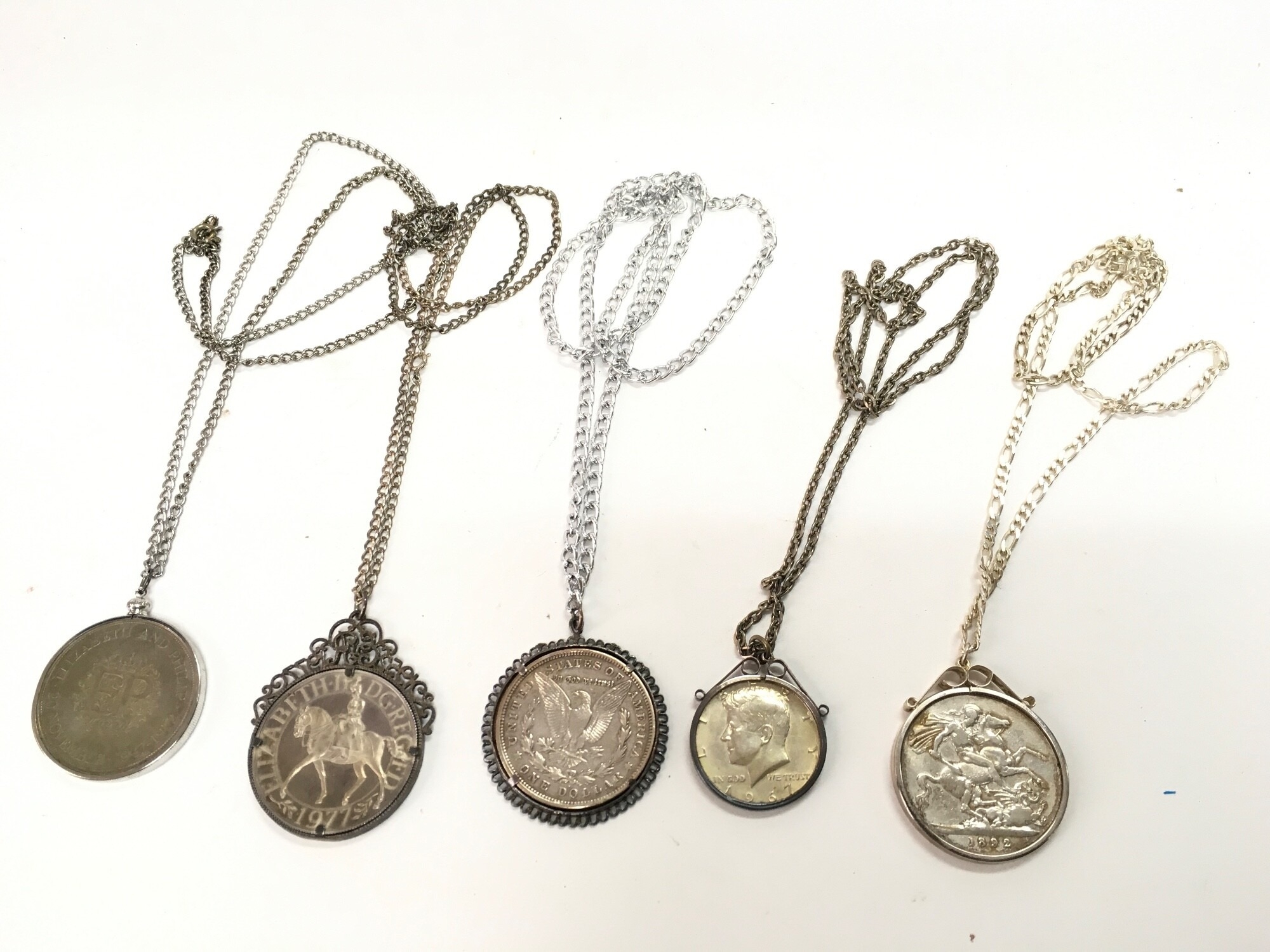 Five coins on chains