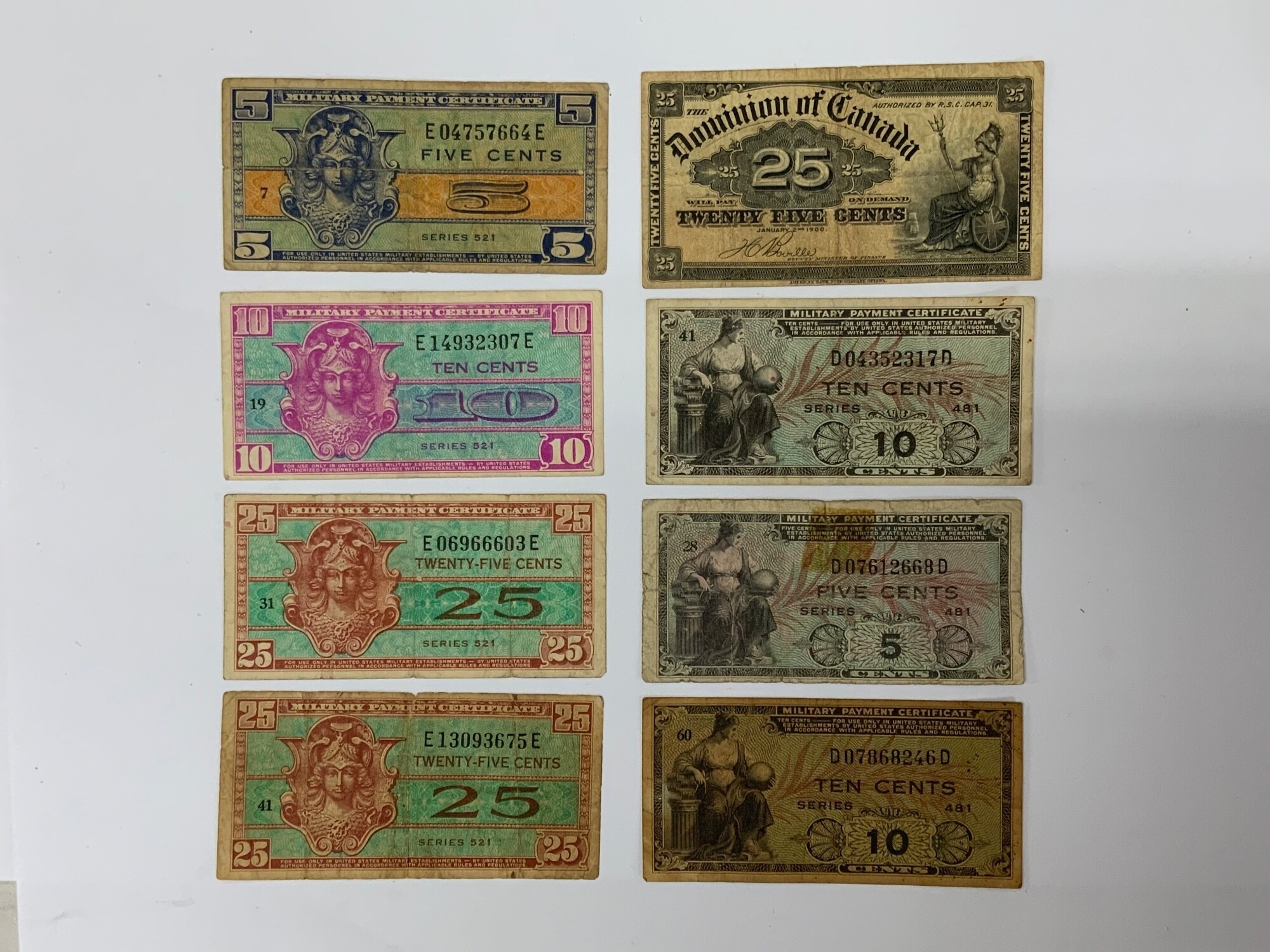 Military Payment Certificates - For Use Only In Unites States Military Establishments By United States Military Personnel In According With Applicable Rules And Regulations, Series 481, 5 Cents/10 Cents x 2, Series 521, 5 Cents/10 Cents/ 25 Cents x 2. Dominion of Canada 25 cents, January 2nd 1900. NO RESERVE
